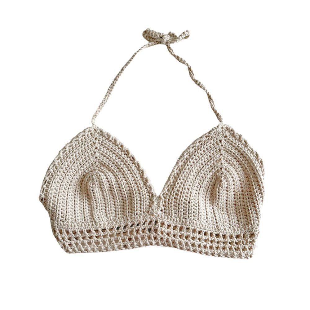 Hand Crafted Bralette Size M Feather Gray Crochet Crop Halter Top Beach Vibes